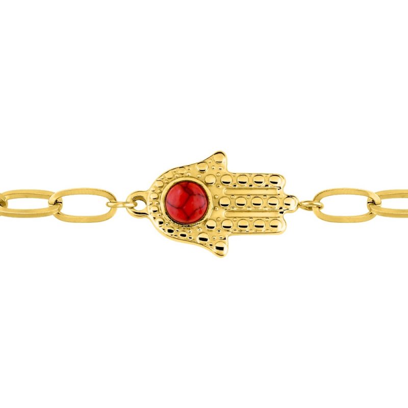 Bracelet Fashion Steel Acier Doré et Rubis Synthétique Main de Fatma