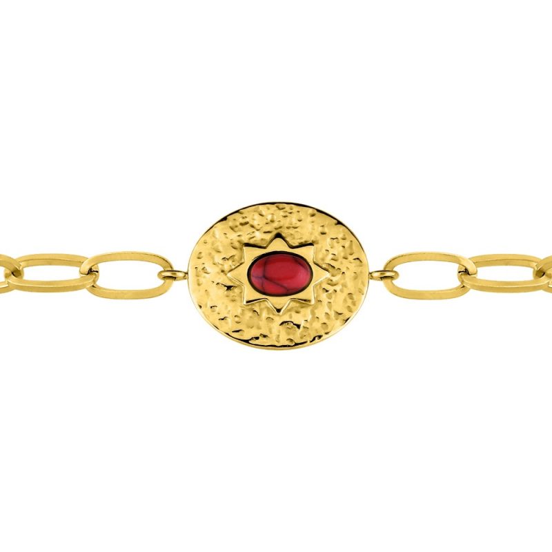 Bracelet Fashion Steel Acier Doré et Turquoise Rouge Synthétique Motif Ovale 15x18mm Martelé 16+3 cm