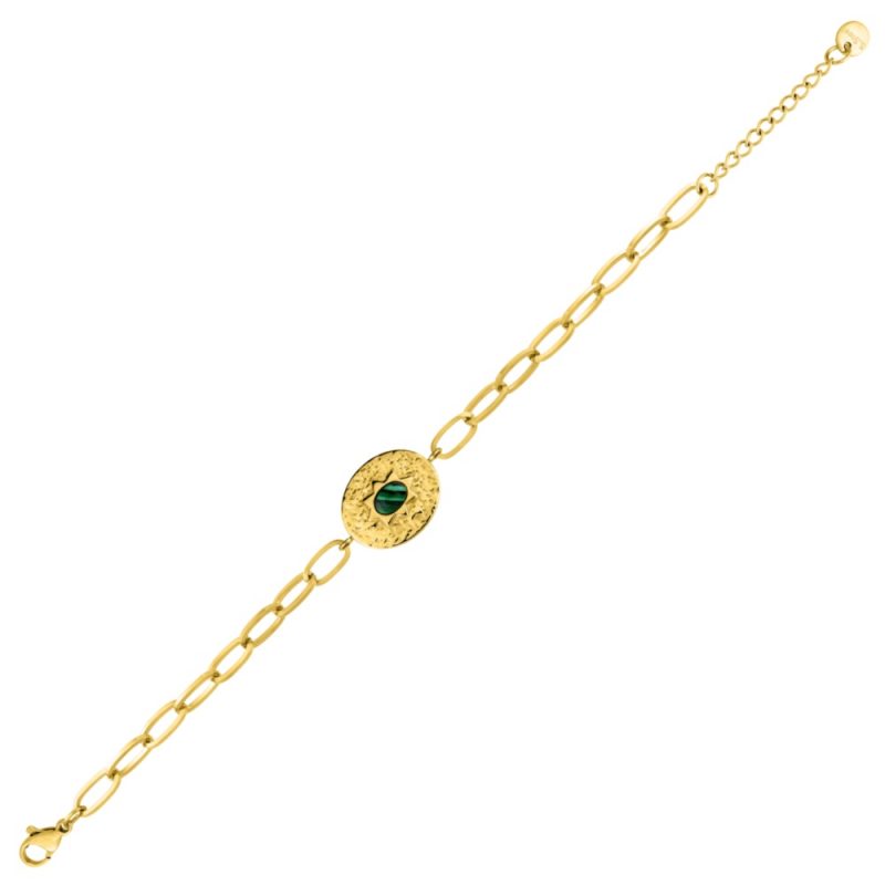 Bracelet Fashion Steel Acier Doré et Malachite Synthétique Motif Ovale 15x18mm Martelé 16+3 cm – Image 2