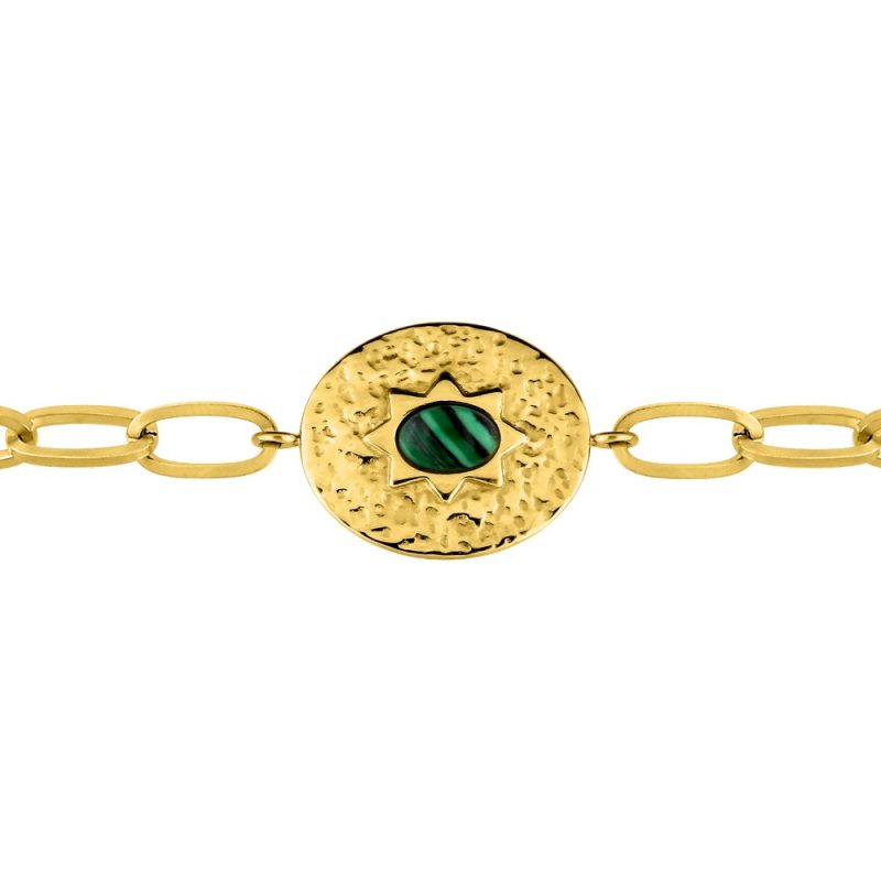 Bracelet Fashion Steel Acier Doré et Malachite Synthétique Motif Ovale 15x18mm Martelé 16+3 cm