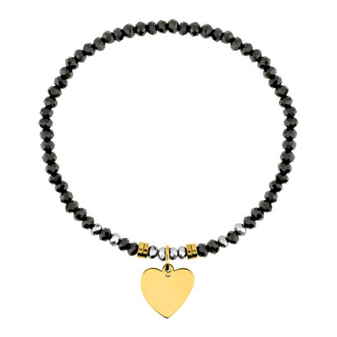 Bracelet Elastique Cristal Noir Acier Doré Coeur