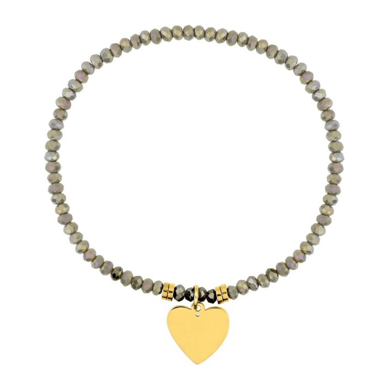 Bracelet Fashion Steel Elastique Cristal Gris Acier Doré Coeur