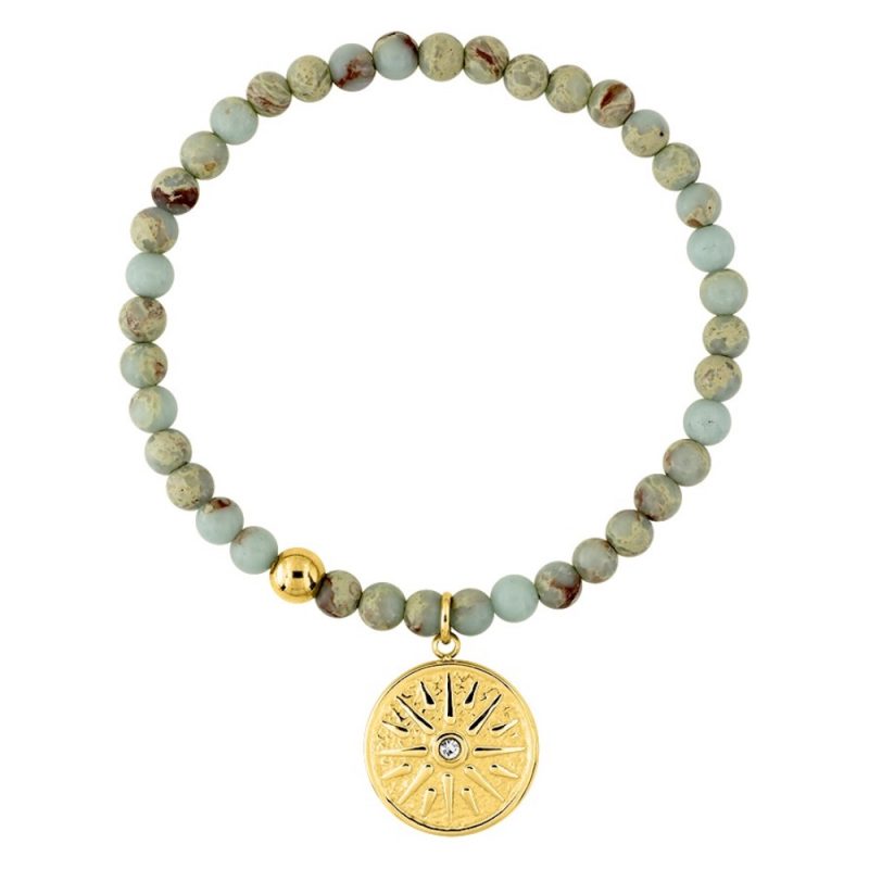 Bracelet Fashion Steel Elastique Aventurine Verte Doré Soleil 15mm et Cristal