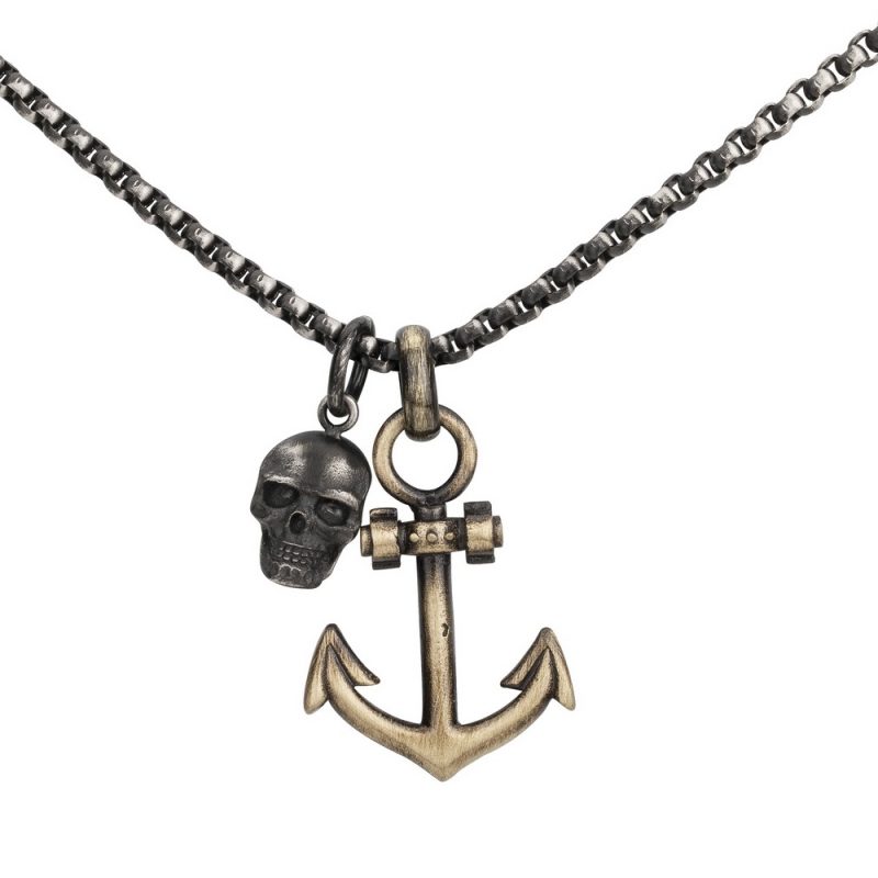 Collier Homme Acier aspect bronze Tête de Mort + Ancre 50+10cm