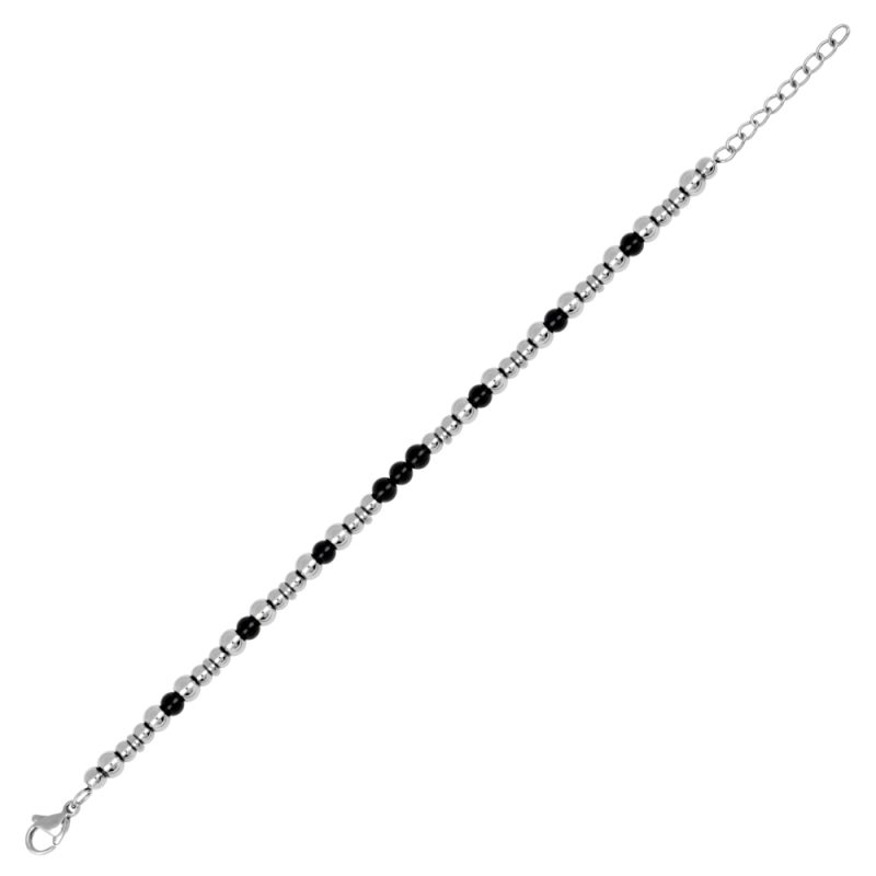 Bracelet Acier Perles Agates Noires et Acier Longueur 17+3 cm – Image 2