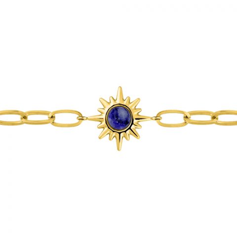 Bracelet Acier Doré et Lapis Bleu Synthétique Motif Soleil 18mm