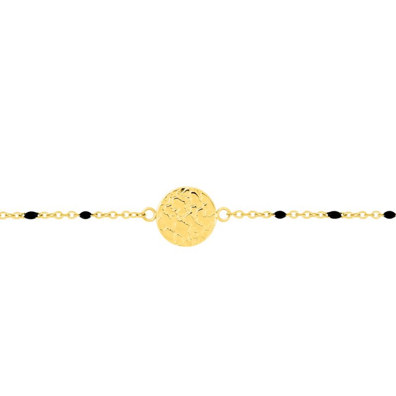 Bracelet Acier Doré Résine Noire et Plaque Ronde Martelée
