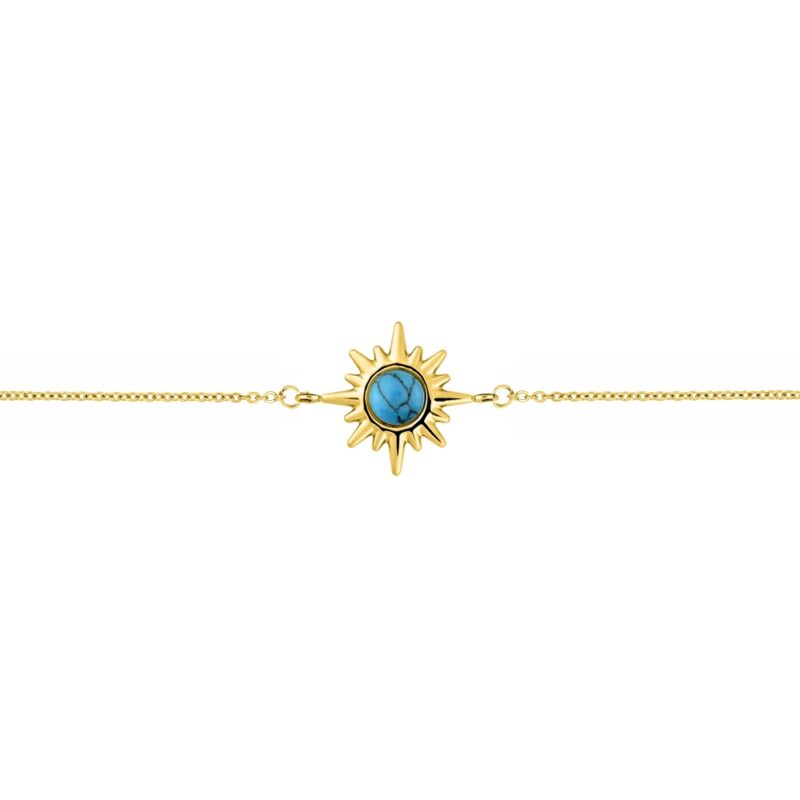 Bracelet Fashion Steel Acier Doré et Turquoise Synthétique Motif Soleil 18mm