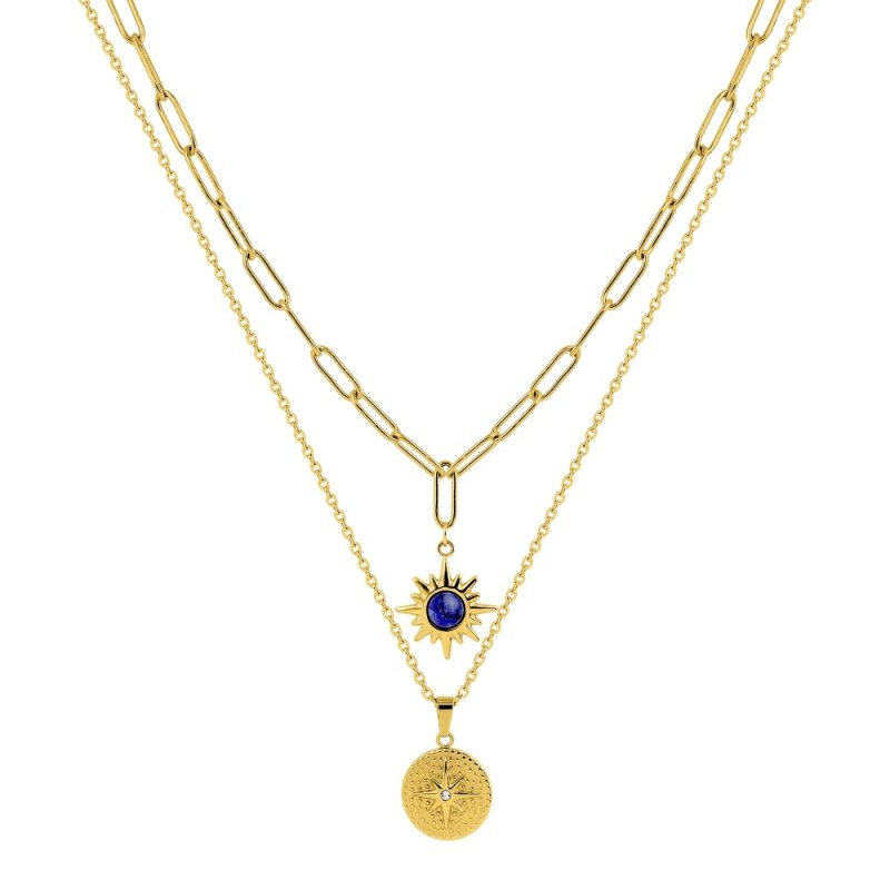Collier Fashion Steel Acier Doré Double Rang et Lapis Bleu Synthétique – Image 2