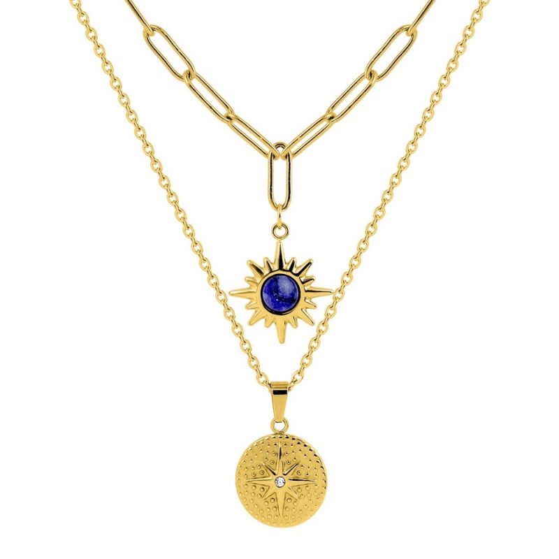 Collier Fashion Steel Acier Doré Double Rang et Lapis Bleu Synthétique