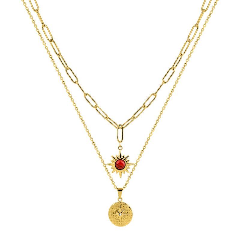 Collier Fashion Steel Acier Doré Double Rang et Turquoise Rouge Synthétique – Image 2