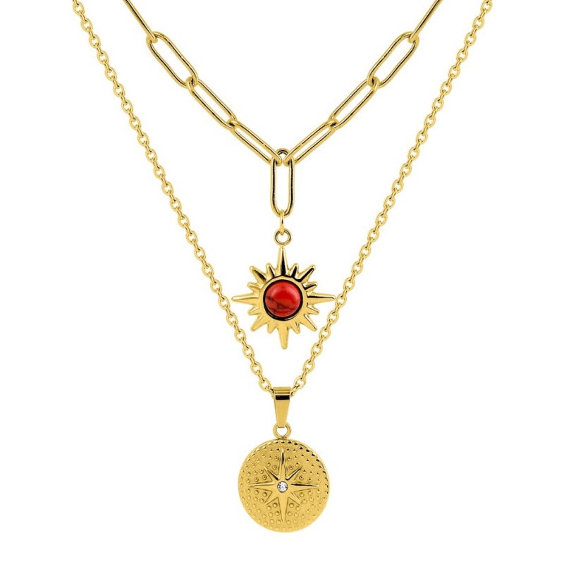 Collier Fashion Steel Acier Doré Double Rang et Turquoise Rouge Synthétique