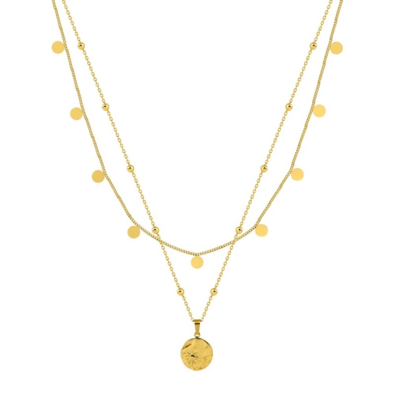 Collier Fashion Steel Acier Doré Double Rang Jetons, Boules et Rond 15mm – Image 2