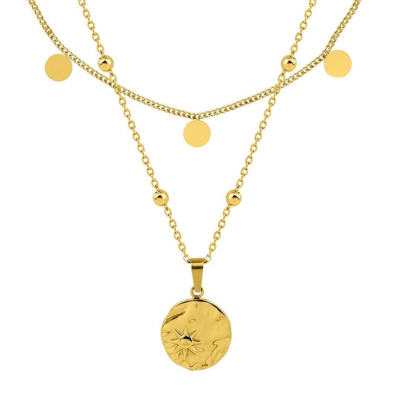 Collier Fashion Steel Acier Doré Double Rang Jetons, Boules et Rond 15mm