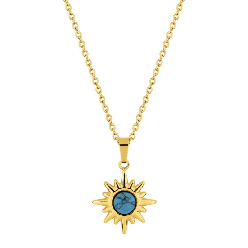 Collier Fashion Steel Acier Doré Motif Soleil et Turquoise Bleue Synthétique – Image 2