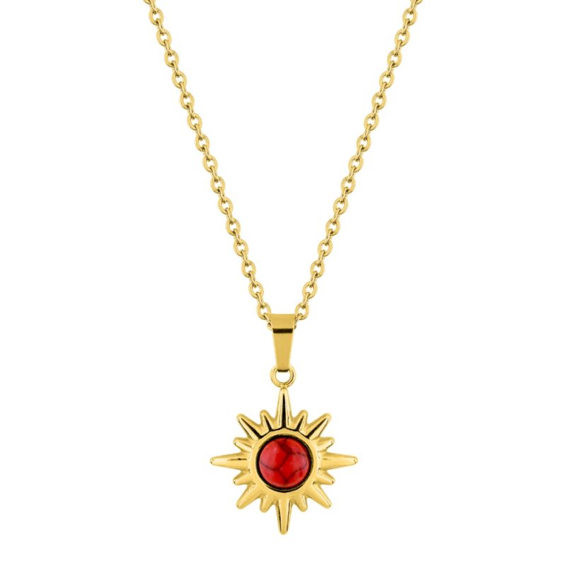 Collier Fashion Steel Acier Doré Motif Soleil et Turquoise Rouge Synthétique – Image 2