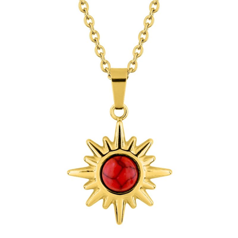 Collier Fashion Steel Acier Doré Motif Soleil et Turquoise Rouge Synthétique