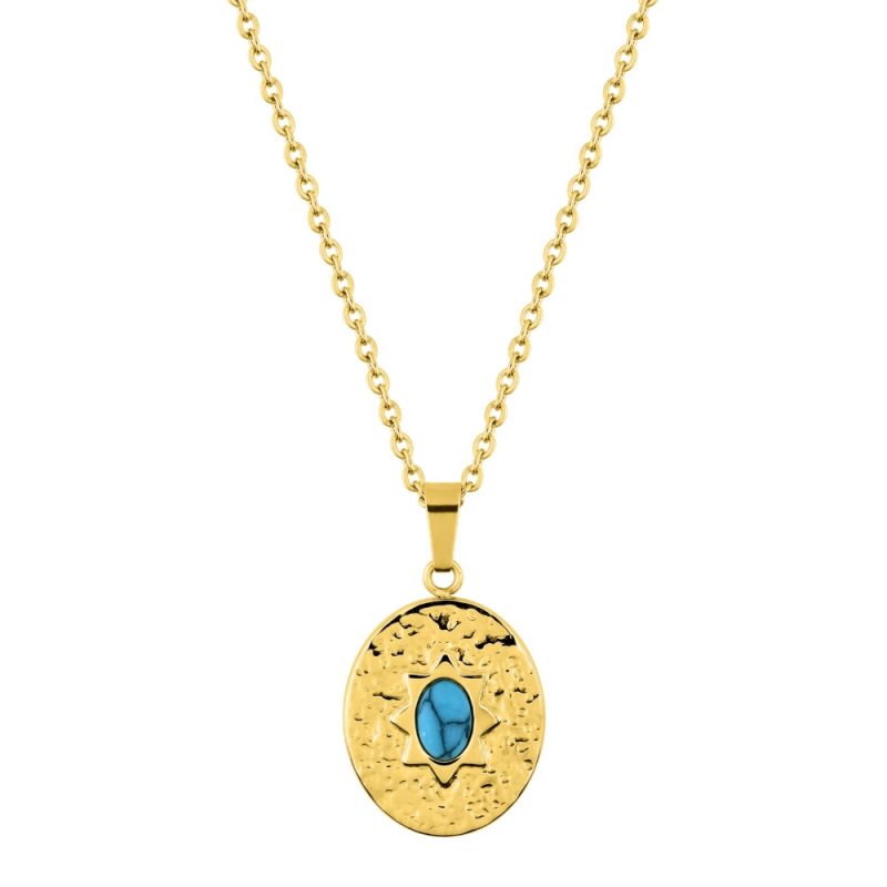 Collier Fashion Steel Acier Doré Motif Ovale 15x18mm Martelé et Turquoise Bleue Synthétique – Image 2