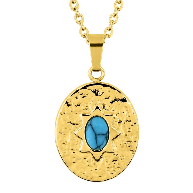 Collier Fashion Steel Acier Doré Motif Ovale 15x18mm Martelé et Turquoise Bleue Synthétique