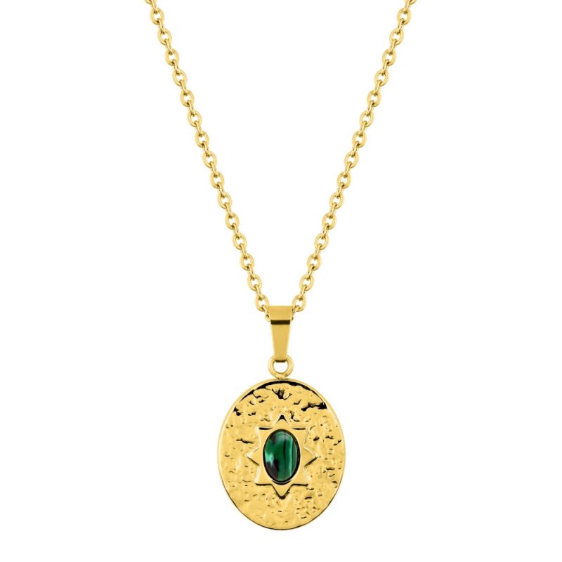 Collier Fashion Steel Acier Doré Motif Ovale 15x18mm Martelé et Malachite Verte Synthétique – Image 2