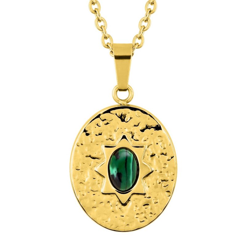 Collier Fashion Steel Acier Doré Motif Ovale 15x18mm Martelé et Malachite Verte Synthétique