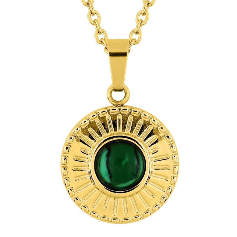 Collier Fashion Steel Acier Doré Motif Rond 15mm et Malachite Verte Synthétique