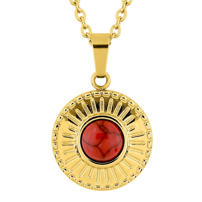 Collier Fashion Steel Acier Doré Motif Rond 15mm et Turquoise Rouge Synthétique