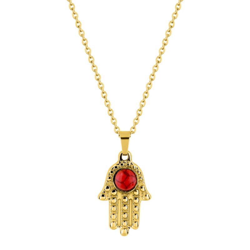 Collier Fashion Steel Acier Doré Main de Fatma et Turquoise Rouge Synthétique – Image 2
