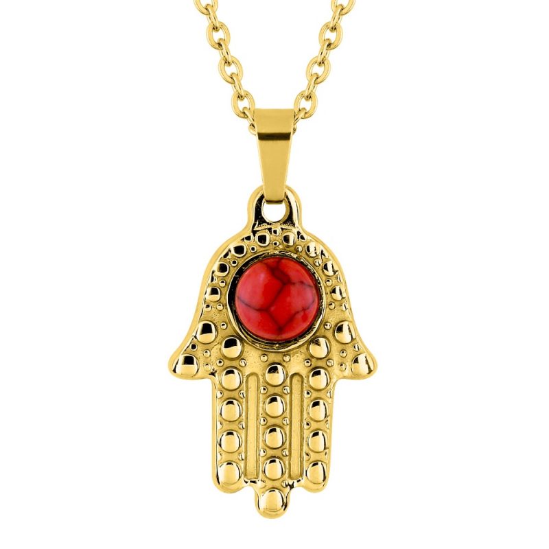 Collier Fashion Steel Acier Doré Main de Fatma et Turquoise Rouge Synthétique