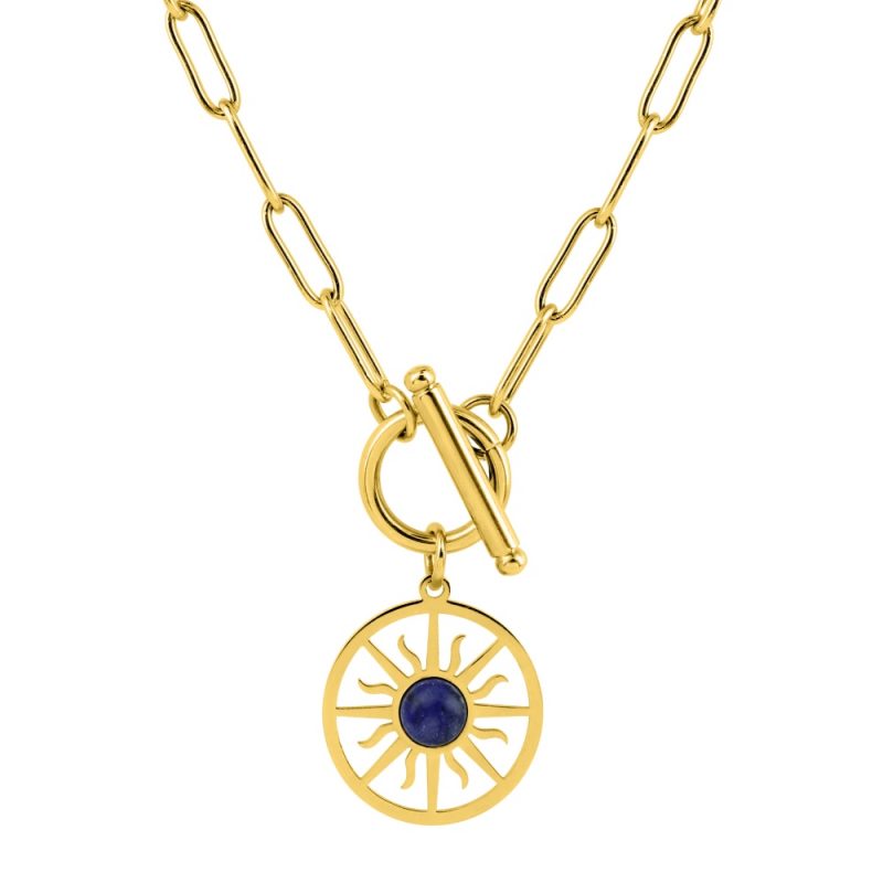 Collier Fashion Steel Acier Doré Motif Rond 20mm et Lapis Bleu Synthétique