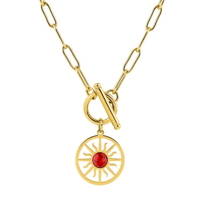 Collier Fashion Steel Acier Doré Motif Rond 20mm et Turquoise Rouge Synthétique