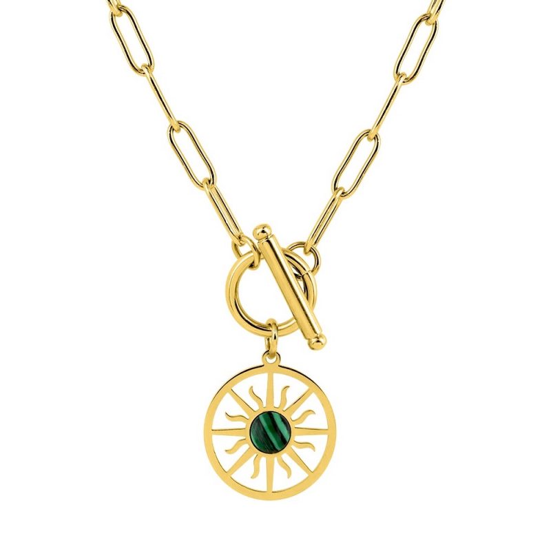 Collier Fashion Steel Acier Doré Motif Rond 20mm et Malachite Verte Synthétique