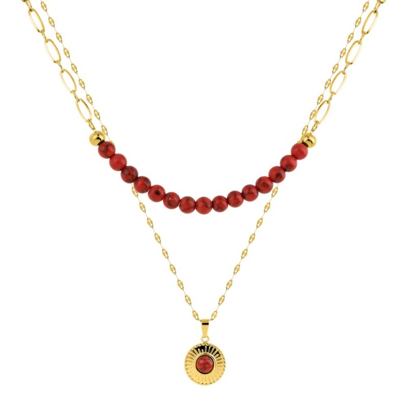 Collier Fashion Steel Acier Doré Double Rang Boules et Turquoise Rouge Synthétique – Image 2