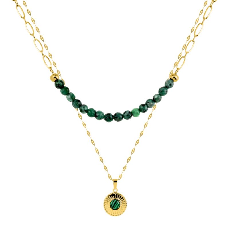 Collier Acier Doré Double Rang Boules et Malachite Verte Synthétique – Image 2