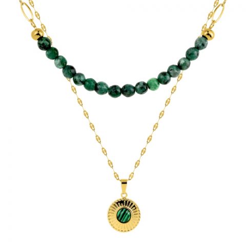 Collier Acier Doré Double Rang Boules et Malachite Verte Synthétique