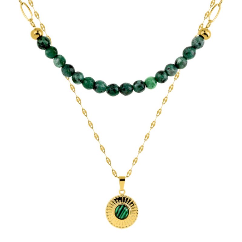 Collier Acier Doré Double Rang Boules et Malachite Verte Synthétique