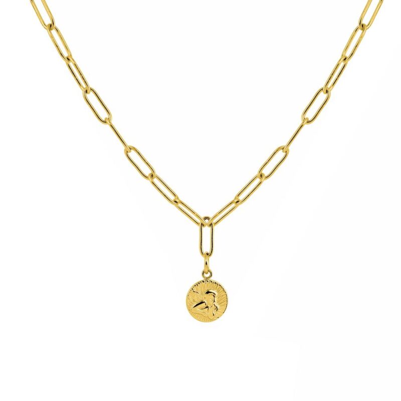 Collier Fashion Steel Acier Doré Chaine Maillon et Jeton Ange 12mm