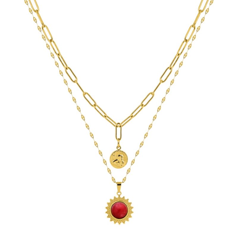 Collier Fashion Steel Acier Doré Double Rang Ange 12mm et Rond 18mm Agate Rouge Synthétique – Image 2