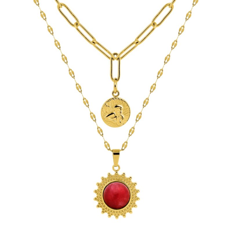 Collier Fashion Steel Acier Doré Double Rang Ange 12mm et Rond 18mm Agate Rouge Synthétique