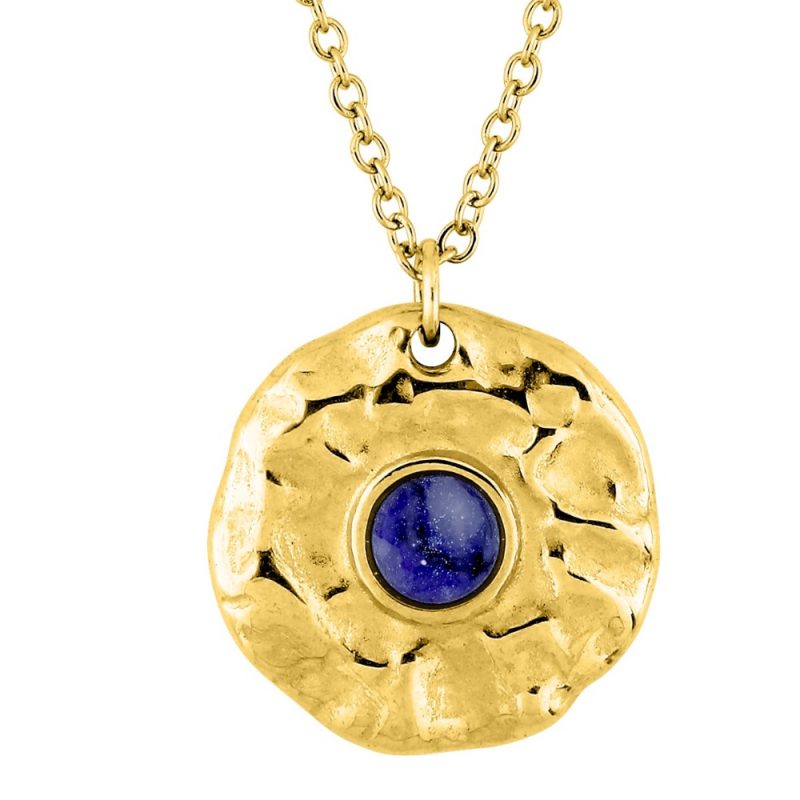 Collier Fashion Steel Acier Doré Maille Forçat Motif Rond Martelé et Lapis Bleu Synthétique