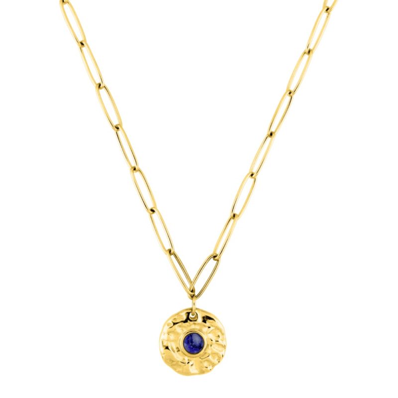 Collier Acier Doré Motif Rond Martelé et Lapis Bleu Synthétique – Image 2