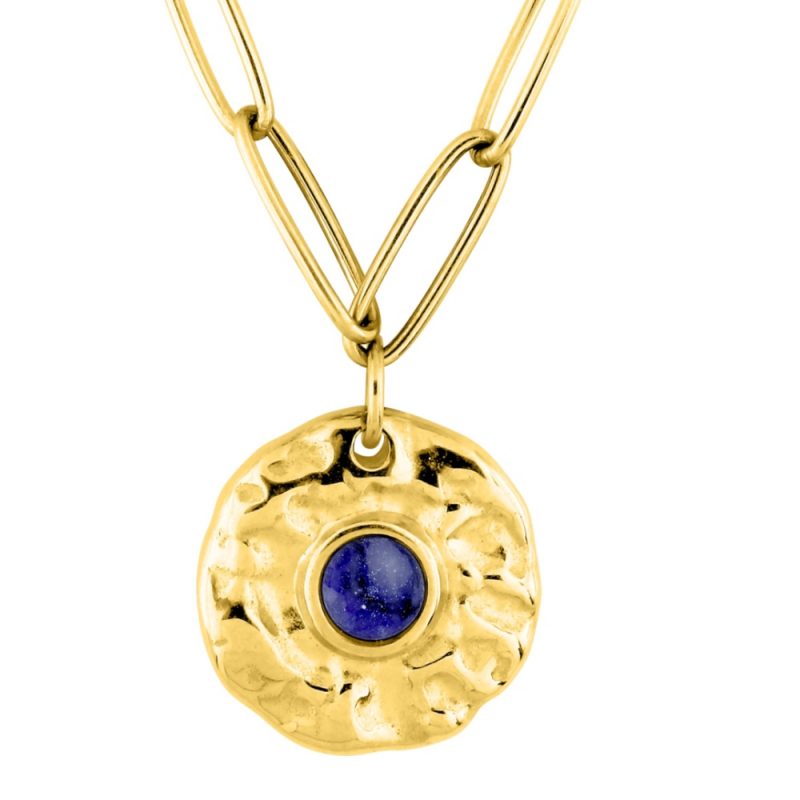 Collier Acier Doré Motif Rond Martelé et Lapis Bleu Synthétique