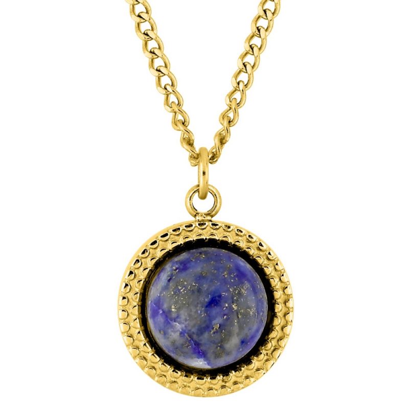Collier Fashion Steel Acier Doré Motif Rond 12mm Ciselé et Lapis Bleu Synthétique