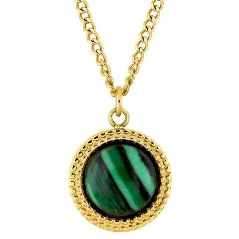 Collier Acier Doré Motif Rond 12mm Ciselé et Malachite Verte Synthétique