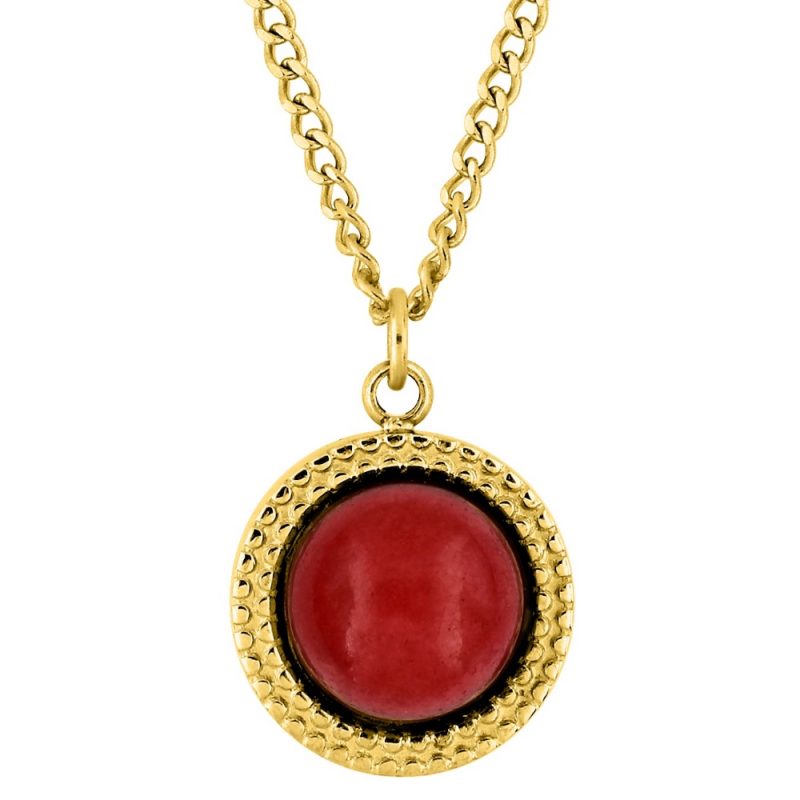 Collier Acier Doré Motif Rond 12mm Ciselé et Rubis Rouge Synthétique
