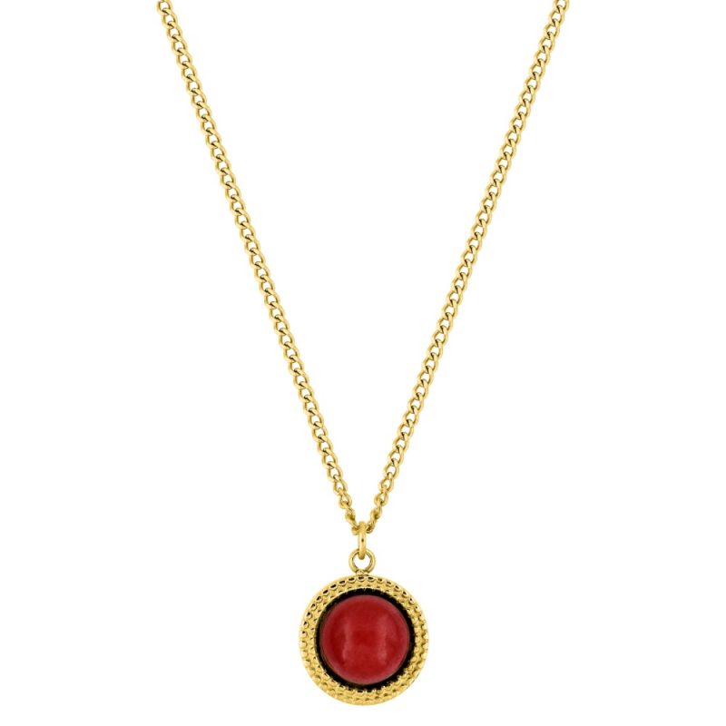 Collier Acier Doré Motif Rond 12mm Ciselé et Rubis Rouge Synthétique – Image 2