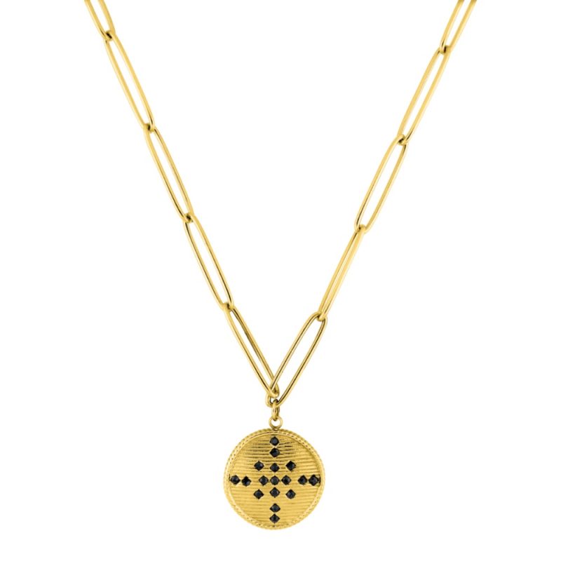 Collier Fashion Steel Cristal Noir Acier Doré et Jeton Rond 18mm – Image 2