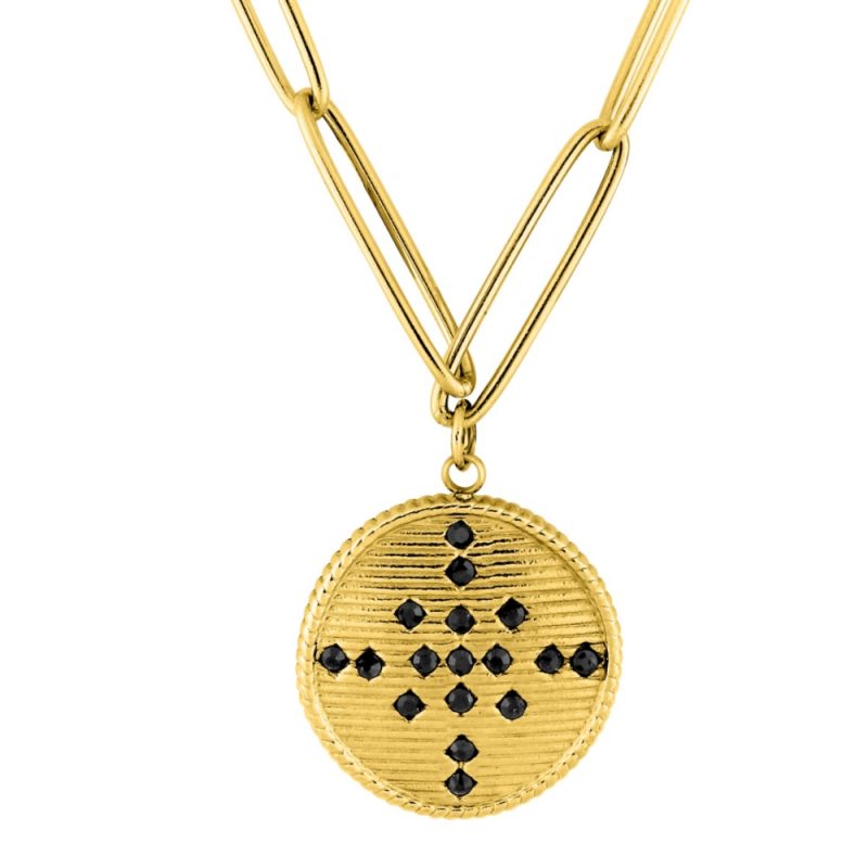 Collier Fashion Steel Cristal Noir Acier Doré et Jeton Rond 18mm