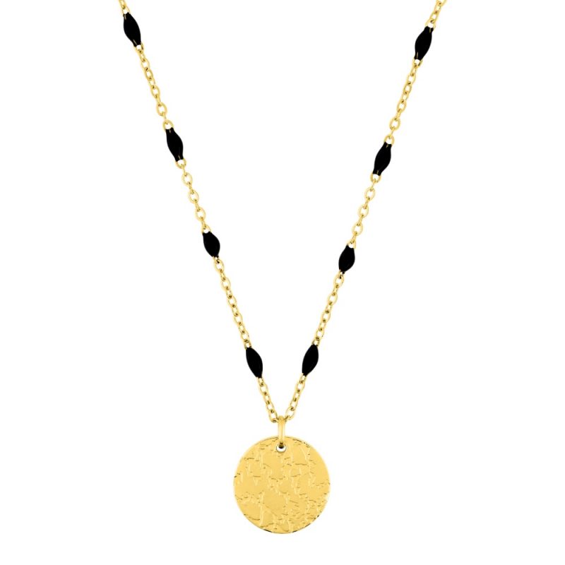 Collier Fashion Steel Acier Doré Jeton Martelé 12mm et Résine Noire – Image 2