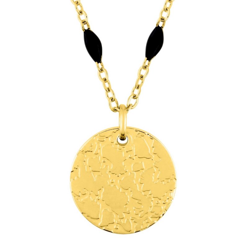 Collier Fashion Steel Acier Doré Jeton Martelé 12mm et Résine Noire